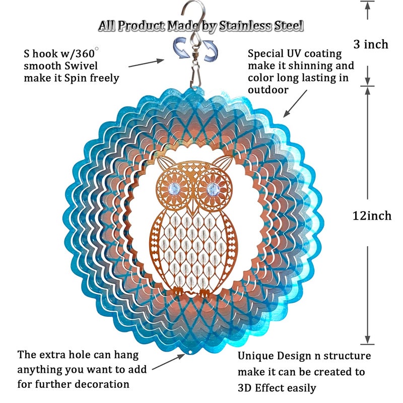 FONMY Owl Metal Sun Catcher Wind Spinner Stainless Steel w/Crystal Beads Rust Resistant Decoration for Indoor Outdoor Quality Home Ornament Multi Color Sun Catcher Wind Spinner-12inch - Image 2